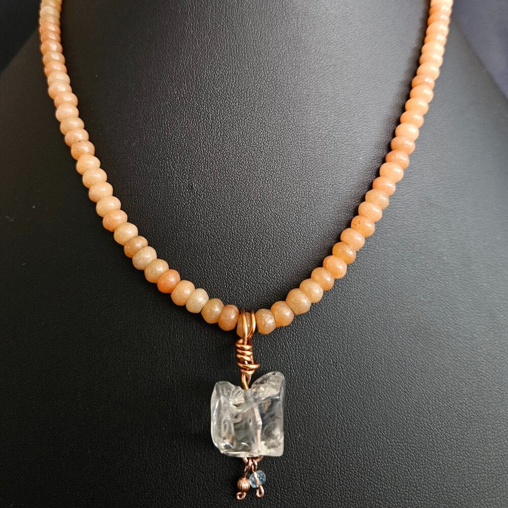 Hand Crafted Beaded Pink Aventurine, Copper-Wired Citrine Pendant Necklace